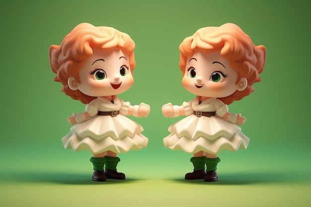 Um par de adoráveis dançarinos irlandeses em trajes tradicionais cores pastel suaves renderização de argila de ícones 3D