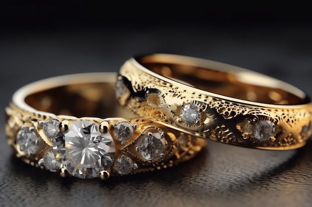 Um par de anéis de ouro com diamantes neles