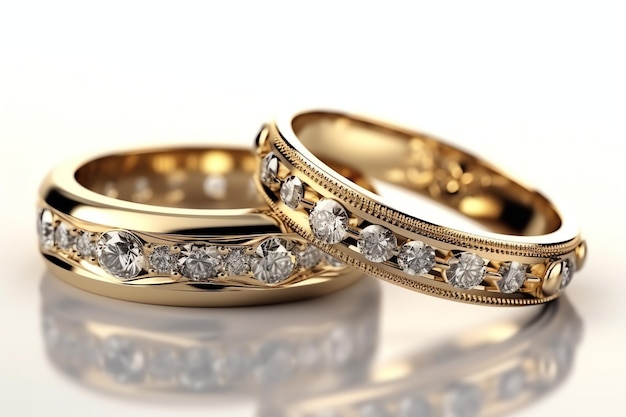 Um par de anéis de ouro com diamantes neles