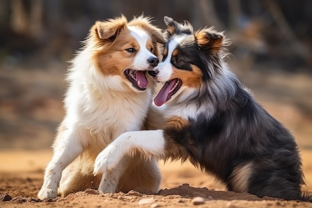 Um par de animais de estimação brincalhões envolvidos em uma luta livre amigável