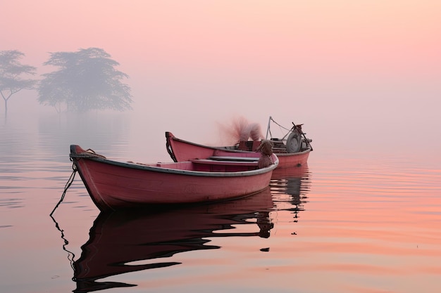 um par de barcos flutuando em cima de um corpo de água