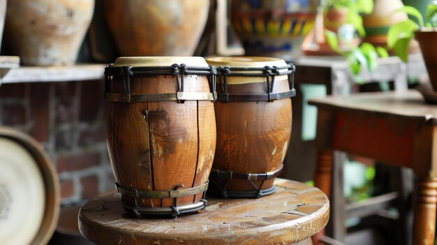 Foto um par de bongos tradicionais descansam em uma mesa de madeira os bongos são feitos de madeira e têm um acabamento natural