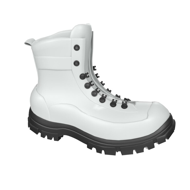 Foto um par de botas brancas com detalhes pretos e o número 5 na sola.