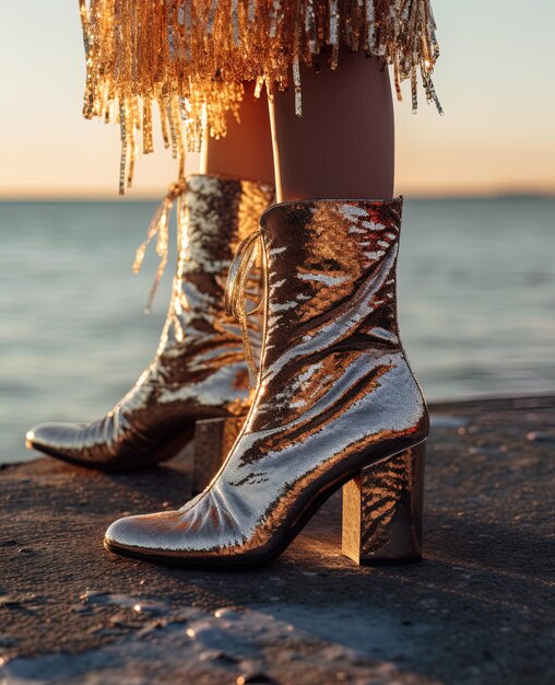 Foto um par de botas com uma foto de uma mulher ao lado da água