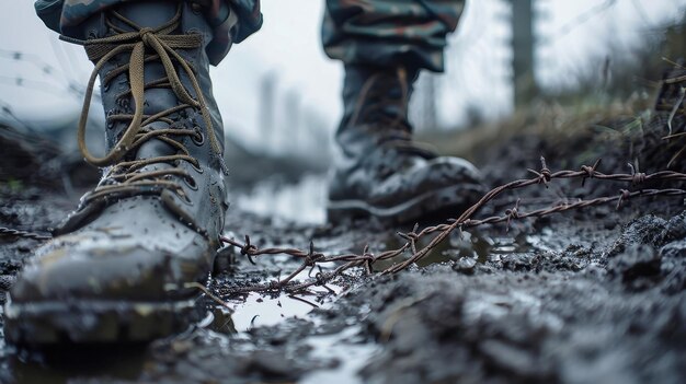 Foto um par de botas de caminhada de pé desafiadoramente na lama grossa mostrando resiliência e força em condições desafiadoras