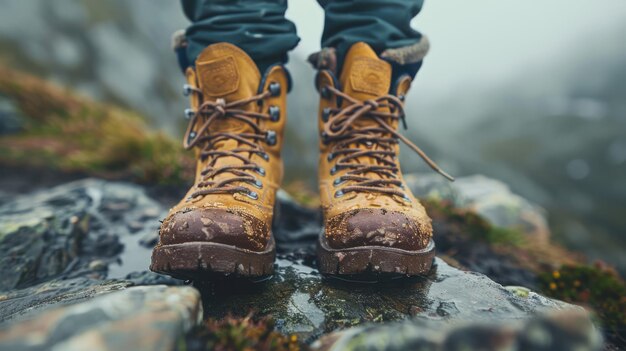 Um par de botas de caminhada em terreno acidentado chama aventura