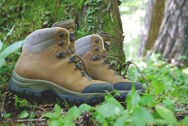 Um par de botas de caminhada está na floresta, uma das quais é uma bota de caminhada.