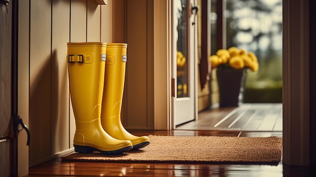 Um par de botas de chuva sentado à porta