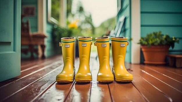 Foto um par de botas de chuva sentado à porta