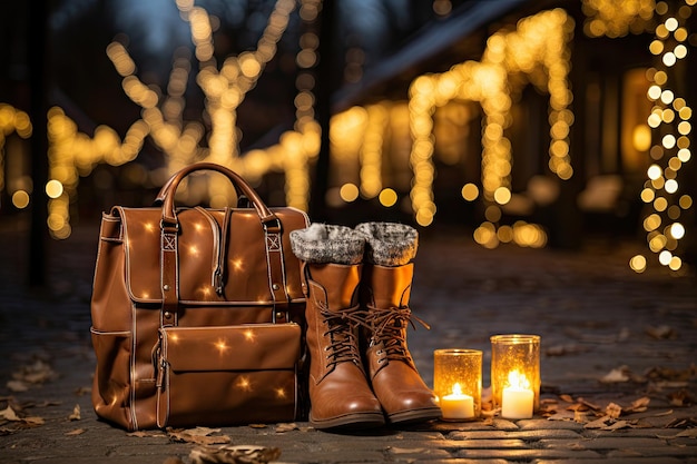 Foto um par de botas e um saco no chão ao lado de uma vela com algumas luzes no fundo