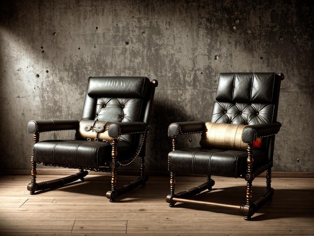 Um par de cadeiras de couro preto com uma almofada de couro que diz 'a palavra' nela '