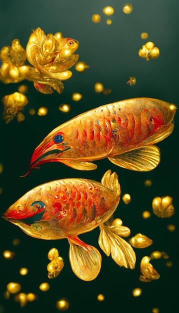 Foto um par de carpas chinesas vermelhas e douradas consiste em generative ai