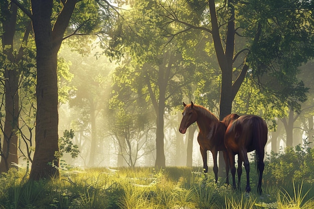 Foto um par de cavalos de pé juntos em uma tranquilidade para