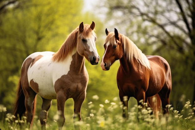 Um par de cavalos no pasto