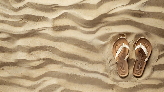 Foto um par de chinelos estão na areia.