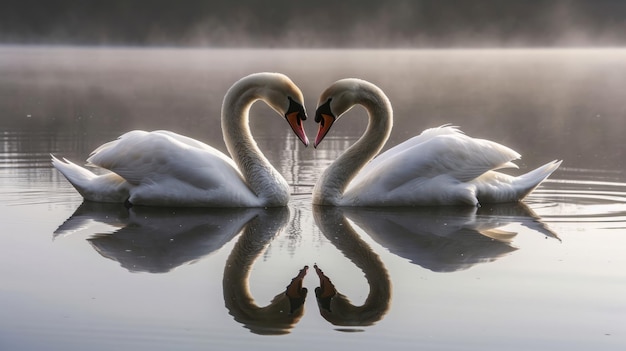 Foto um par de cisnes flutuando juntos nas águas calmas