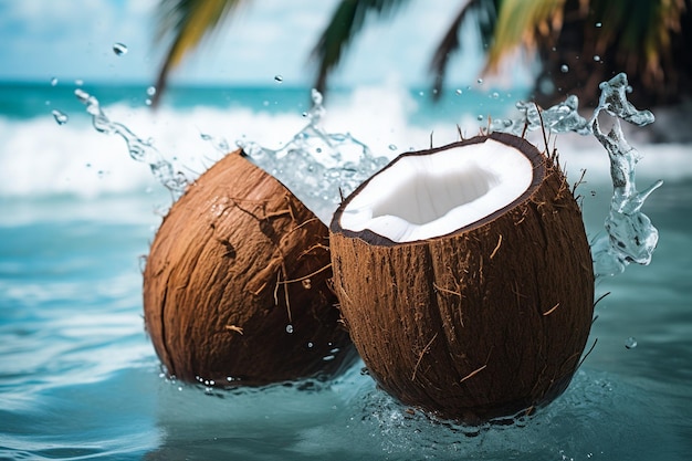 Foto um par de cocos estão na água.