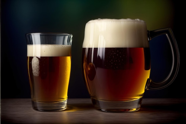 Um par de copos de cerveja sentados em cima de uma mesa