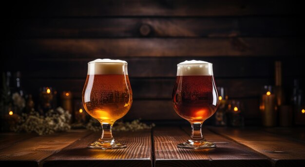 Foto um par de copos de cerveja sentados em uma mesa de madeira