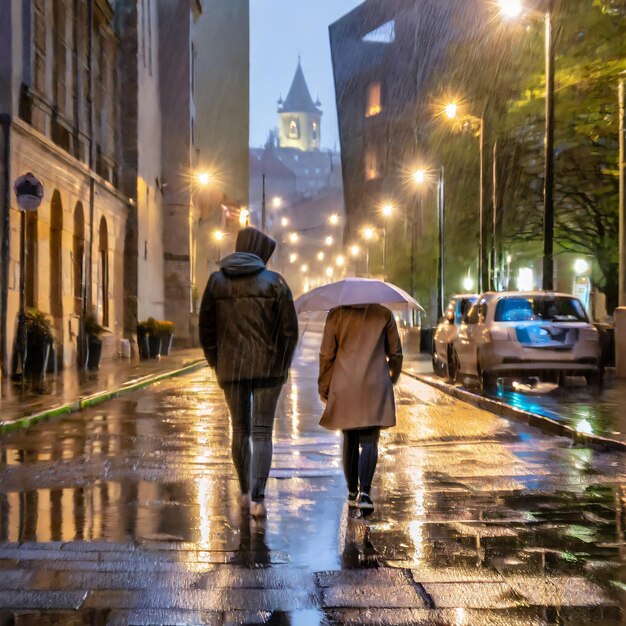 Um par de costas para o observador caminha por uma rua urbana encharcada de chuva adornada em cores apagadas sob c...