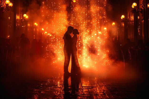 Um par de dançarinos de tango em trajes e vestidos elegantes posam dançando na luz do pôr-do-sol homem e mulher atraentes dançando enquanto se olham