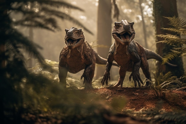 Um par de dinossauros em uma floresta com a palavra dinossauros à esquerda