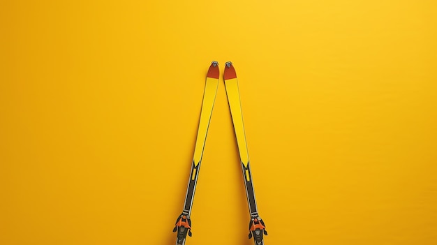 Foto um par de esquis amarelos isolados em um fundo amarelo brilhante os esquis estão dispostos em forma de v com as pontas se tocando