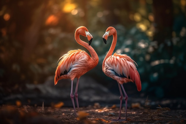 Um par de flamingos está parado em uma floresta com o sol brilhando sobre eles.