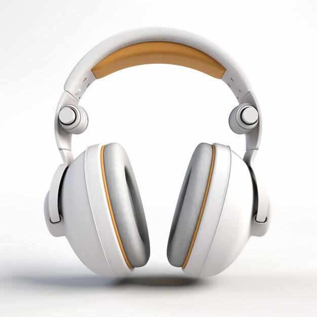Um par de fones de ouvido brancos com uma faixa amarela.