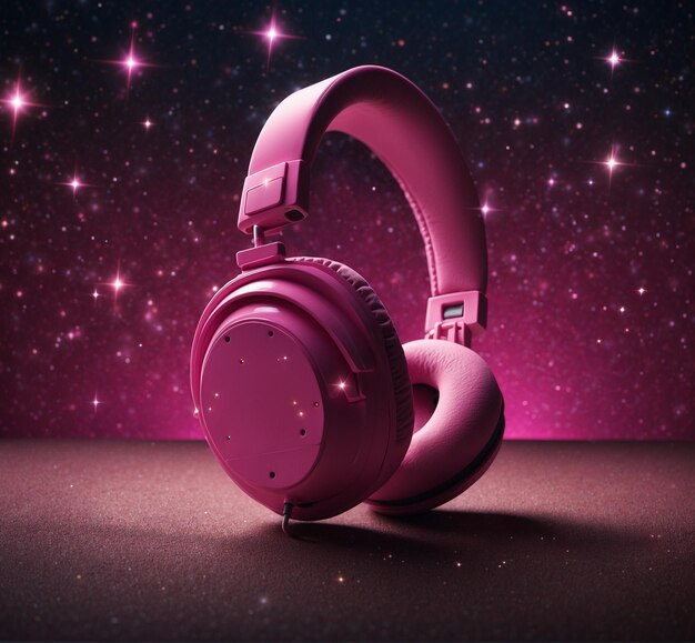 um par de fones de ouvido cor-de-rosa com um fundo roxo com estrelas no fundo