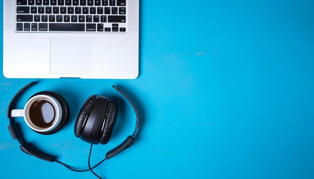 Um par de fones de ouvido estão numa mesa azul.