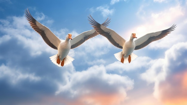 Um par de gansos grasnando enquanto voam pelo céu gerado por IA