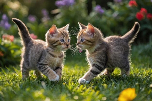 Um par de gatinhos brincalhões brincando no jardim