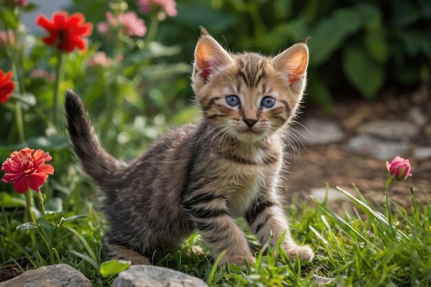 Um par de gatinhos brincalhões brincando no jardim