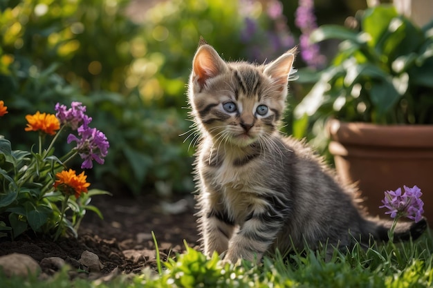 Um par de gatinhos brincalhões brincando no jardim