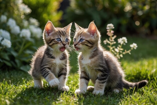 Um par de gatinhos brincalhões brincando no jardim