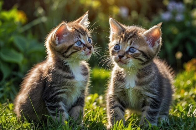 Um par de gatinhos brincalhões brincando no jardim