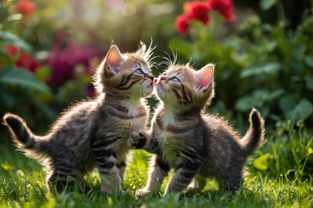 Foto um par de gatinhos brincalhões brincando no jardim