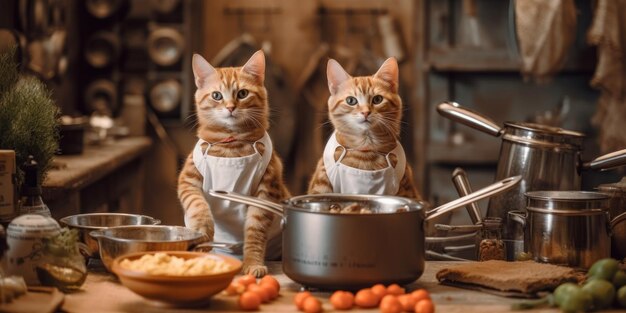 Um par de gatos parados um ao lado do outro em uma imagem de ai generativa de cozinha