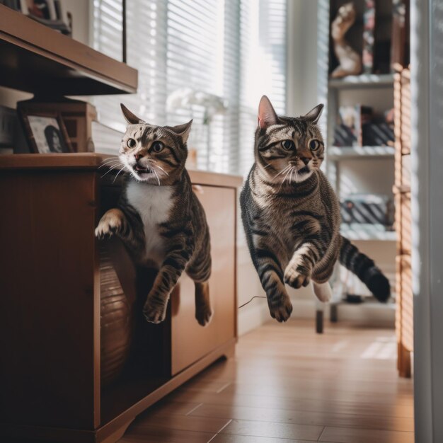 Um par de gatos que estão pulando no ar Imagem generativa de IA