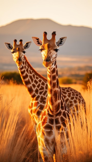 Um par de girafas majestosas de pé na impressionante savana africana com um belo céu azul