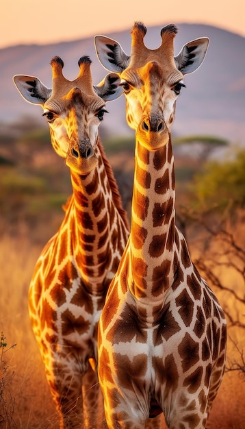 Um par de girafas majestosas em pé graciosamente no vasto deserto da savana africana