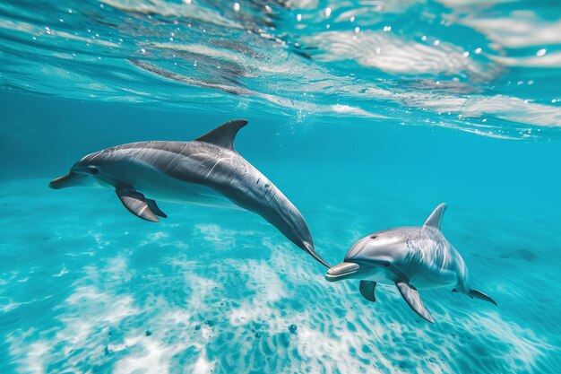Um par de golfinhos nadam graciosamente no vasto oceano Um par de delfines nadam na clara água azul do oceano