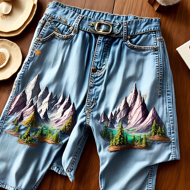 Um par de jeans azul com uma imagem de montanhas sobre eles.