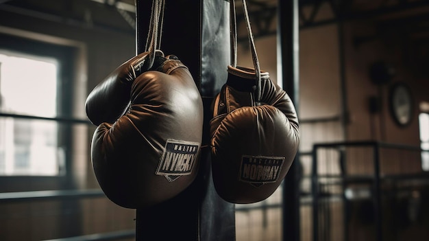 Um par de luvas de boxe penduradas em um gancho em um ginásio de boxe