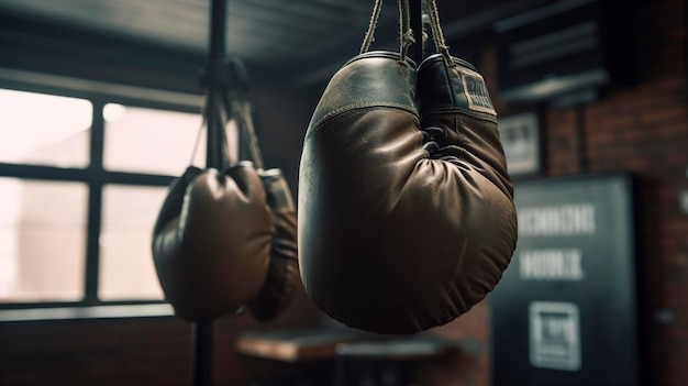 Um par de luvas de boxe penduradas em um gancho em um ginásio de boxe