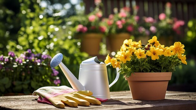 Um par de luvas de jardinagem e um regador