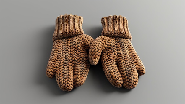 Um par de luvas de tricô castanhas As luvas são feitas de um fio macio e grosseiro e têm um punho nervado