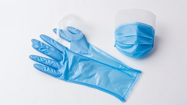 Um par de luvas finas de látex médico azul e máscara facial