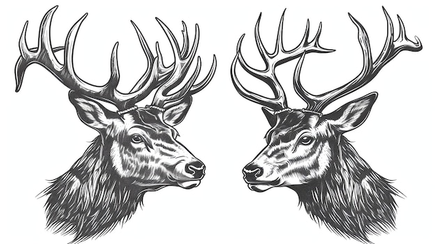 Um par de majestosas cabeças de cervo com chifres os cervos estão olhando em direções opostas a imagem é em preto e branco e tem uma sensação vintage